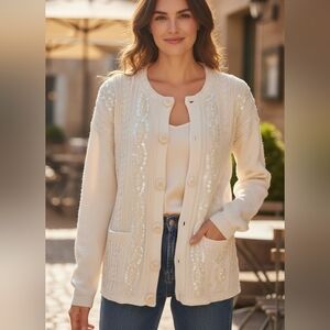 Vintage VICTORIA HARBOUR Beaded Cable Knit Cardigan Sweater. Ivory. Large